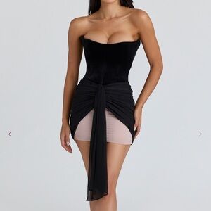 House of CB Black Strapless Draped Mini Dress with Blush Slip